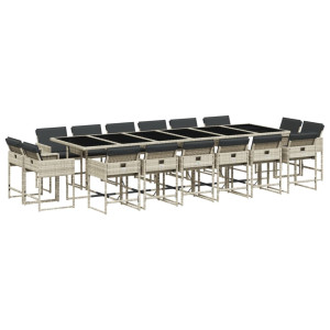 17 pcs conj. jantar jardim c/ almofadões vime PE cinzento-claro H
