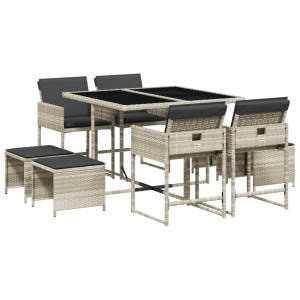 Set comedor de jardín 9 pzas cojines ratán sintético gris claro H