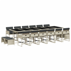 17 pcs conj. jantar jardim c/ almofadões vime PE cinzento-claro H