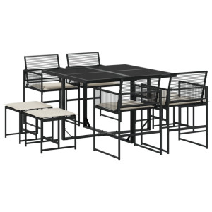 9 pcs conjunto de jantar p/ jardim c/ almofadões vime PE preto H