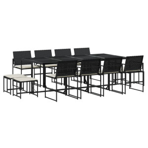 Set comedor de jardín con cojines 13 pzas ratán sintético negro H