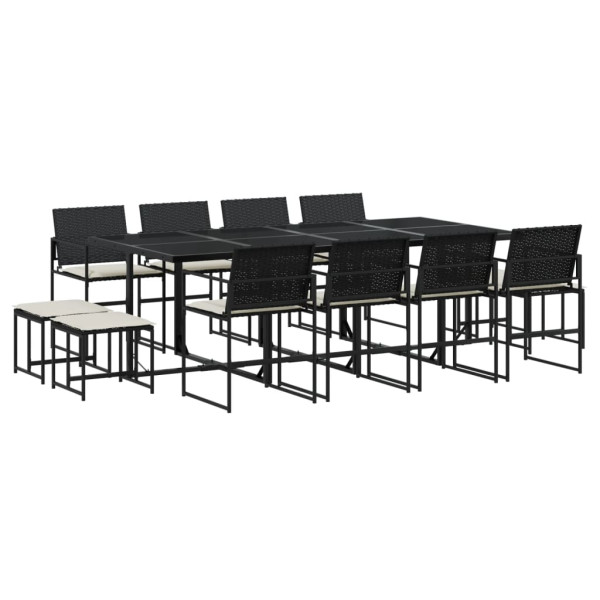 Set comedor de jardín con cojines 13 pzas ratán sintético negro M 2