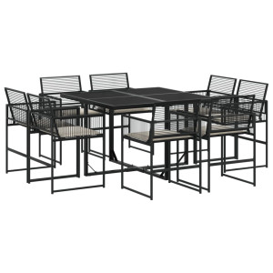 9 pcs conjunto de jantar p/ jardim c/ almofadões vime PE preto H