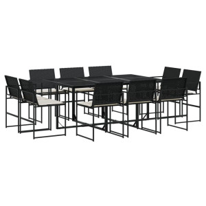 11 pcs conjunto de jantar p/ jardim c/ almofadões vime PE preto H
