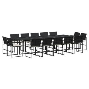 15 pcs conjunto de jantar p/jardim com almofadões vime PE preto H