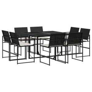 9 pcs conjunto de jantar p/ jardim c/ almofadões vime PE preto H