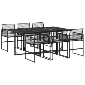 7 pcs conjunto de jantar p/ jardim c/ almofadões vime PE preto H