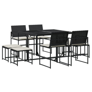 9 pcs conjunto de jantar p/ jardim c/ almofadões vime PE preto H