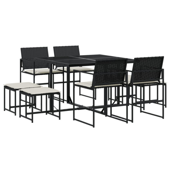 Set de comedor de jardín 9 pzas y cojines ratán sintético negro M 2