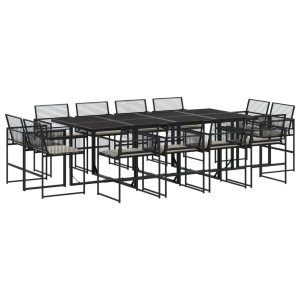 Set comedor de jardín con cojines 13 pzas ratán sintético negro H