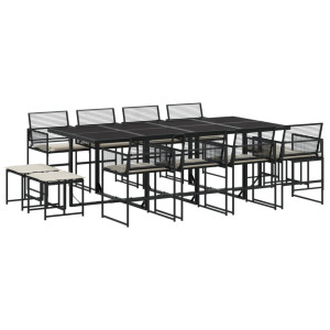 Set comedor de jardín con cojines 13 pzas ratán sintético negro H