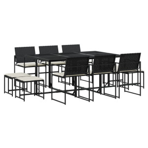 11 pcs conjunto de jantar p/ jardim c/ almofadões vime PE preto H