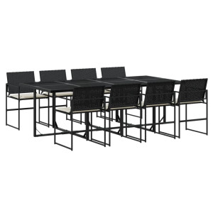 9 pcs conjunto de jantar p/ jardim c/ almofadões vime PE preto H