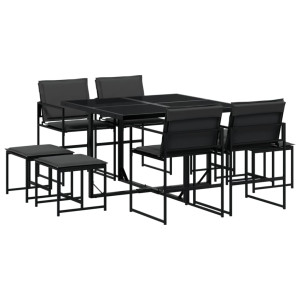 9 pcs conj. de jantar para jardim c/ almofadões textilene preto H