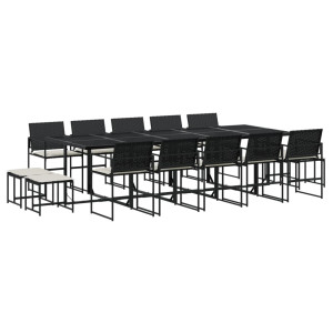15 pcs conjunto de jantar p/jardim com almofadões vime PE preto H