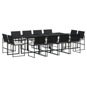 Set comedor de jardín con cojines 13 pzas ratán sintético negro H