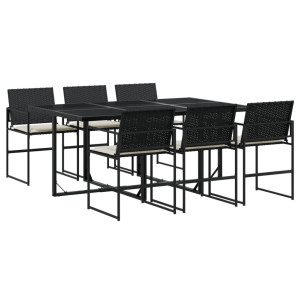 7 pcs conjunto de jantar p/ jardim c/ almofadões vime PE preto H