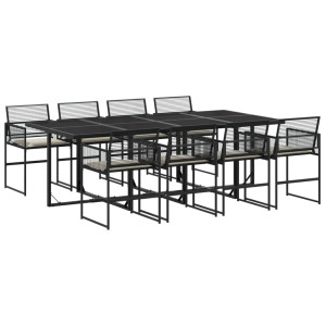 9 pcs conjunto de jantar p/ jardim c/ almofadões vime PE preto H