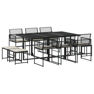 Set de comedor jardín 11 pzas con cojines ratán sintético negro H