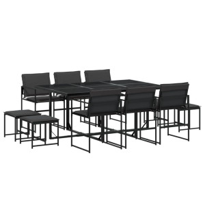 11 pcs conj. de jantar p/ jardim c/ almofadões textilene preto H