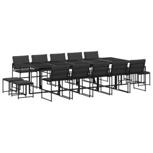 15 pcs conj. de jantar p/ jardim c/ almofadões textilene preto H