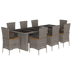 9 pcs conjunto de jantar p/ jardim c/ almofadões vime PE cinza H