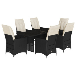7 pcs conjunto de jantar p/ jardim c/ almofadões vime PE preto H