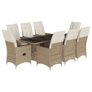 9 pcs conjunto de jantar p/ jardim com almofadões vime PE bege H