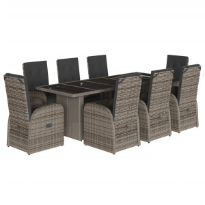 9 pcs conjunto de jantar p/ jardim c/ almofadões vime PE cinza H