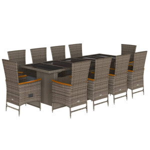 11 pcs conjunto jantar p/ jardim c/ almofadões vime PE cinzento H