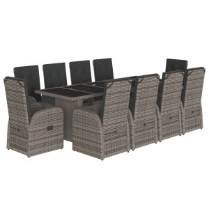 11 pcs conjunto jantar p/ jardim c/ almofadões vime PE cinzento H