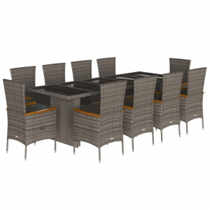 Set de comedor de jardín 11 pzas y cojines ratán sintético gris H