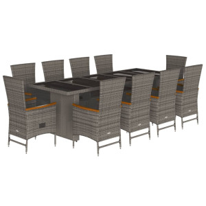 11 pcs conjunto jantar p/ jardim c/ almofadões vime PE cinzento H