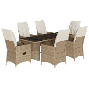 7 pcs conjunto de jantar p/ jardim com almofadões vime PE bege H