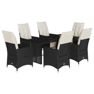 7 pcs conjunto de jantar p/ jardim c/ almofadões vime PE preto H