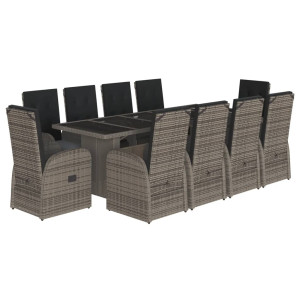 11 pcs conjunto jantar p/ jardim c/ almofadões vime PE cinzento H