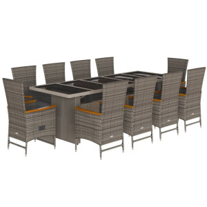 11 pcs conjunto jantar p/ jardim c/ almofadões vime PE cinzento H