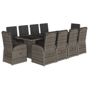 11 pcs conjunto jantar p/ jardim c/ almofadões vime PE cinzento H