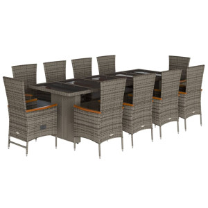 11 pcs conjunto jantar p/ jardim c/ almofadões vime PE cinzento H