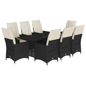 9 pcs conjunto de jantar p/ jardim c/ almofadões vime PE preto H