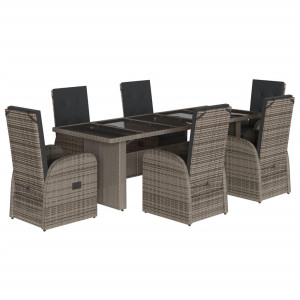 7 pcs conjunto de jantar p/ jardim c/ almofadões vime PE cinza H