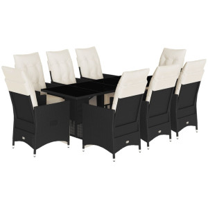 9 pcs conjunto de jantar p/ jardim c/ almofadões vime PE preto H