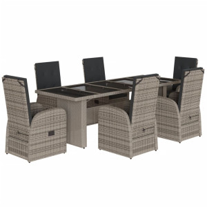 7 pcs conjunto de jantar p/ jardim c/ almofadões vime PE cinza H