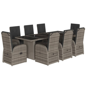 9 pcs conjunto de jantar p/ jardim c/ almofadões vime PE cinza H
