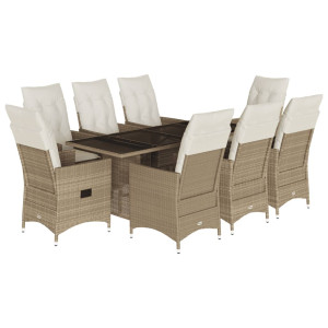 9 pcs conjunto de jantar p/ jardim com almofadões vime PE bege H