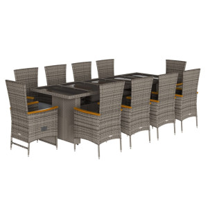 11 pcs conjunto jantar p/ jardim c/ almofadões vime PE cinzento H