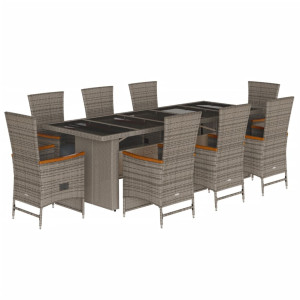 9 pcs conjunto de jantar p/ jardim c/ almofadões vime PE cinza H