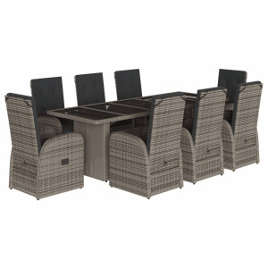 9 pcs conjunto de jantar p/ jardim c/ almofadões vime PE cinza H