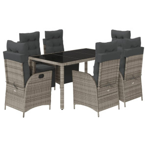 7 pcs conjunto de jantar p/ jardim c/ almofadões vime PE cinza H