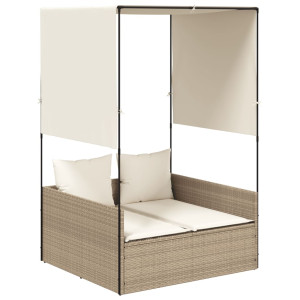 Tumbona doble con techo y cortinas ratán sintético beige H